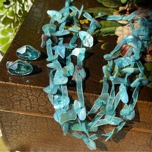 Vintage HMN Aquamarine Clip On Earrings And 15” Triple Strand Shell Necklace